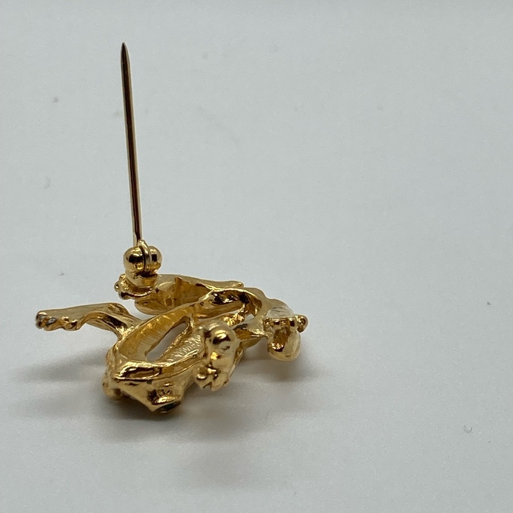 Vtg Green & White Rhinestone Gold Tone Metal Mini Frog Toad Brooch | .9” x .8” - Picture 5 of 9